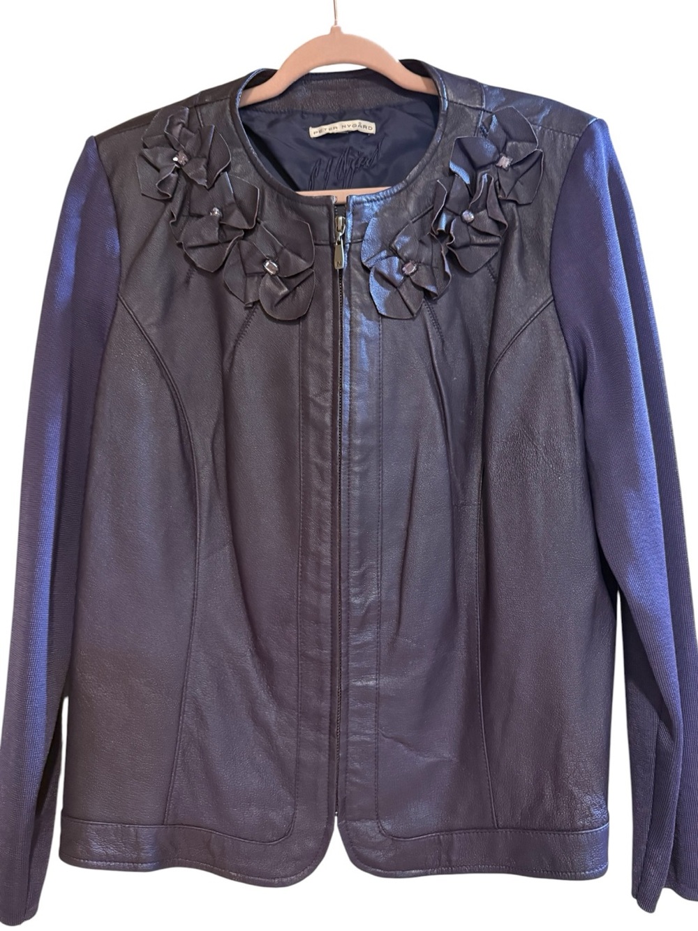Vintage Peter Nygard Leather Knit Jacket Floral Applique Purple 80s 90s Size L